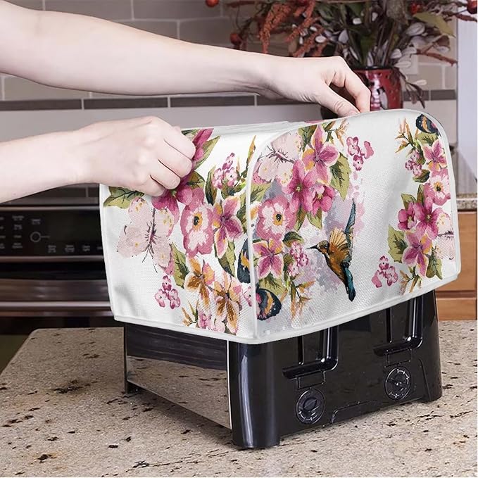Hummingbird Flower Toaster Cover 4 Slice Fits for Most Standard Carrying Toaster, Anti-Dust Small Appliance Cover, Washable Kitchen Broiler Cover