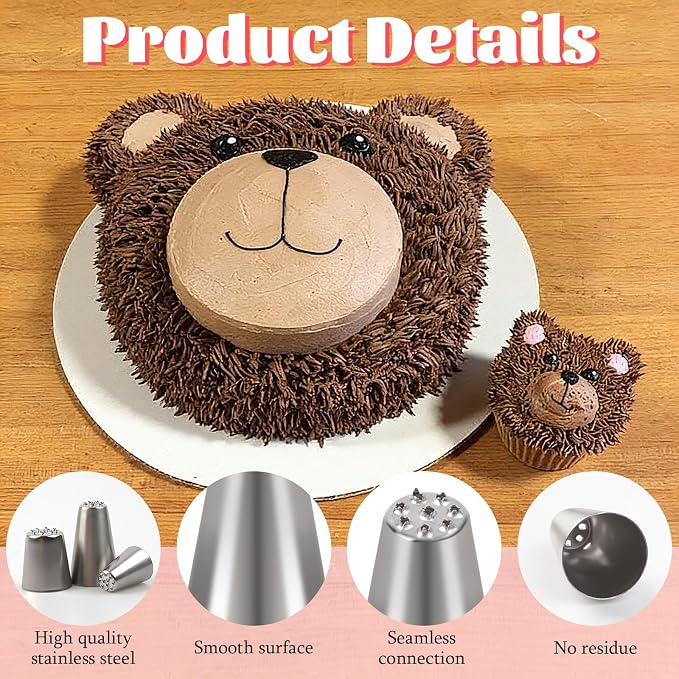 55pcs Grass Piping Nozzles and Bags Set, 2 Pastry Bag Ties, Grass Piping Tip Stainless Steel Icing Tips for Frosting Cupcakes Decoration DIY Baking Supplies