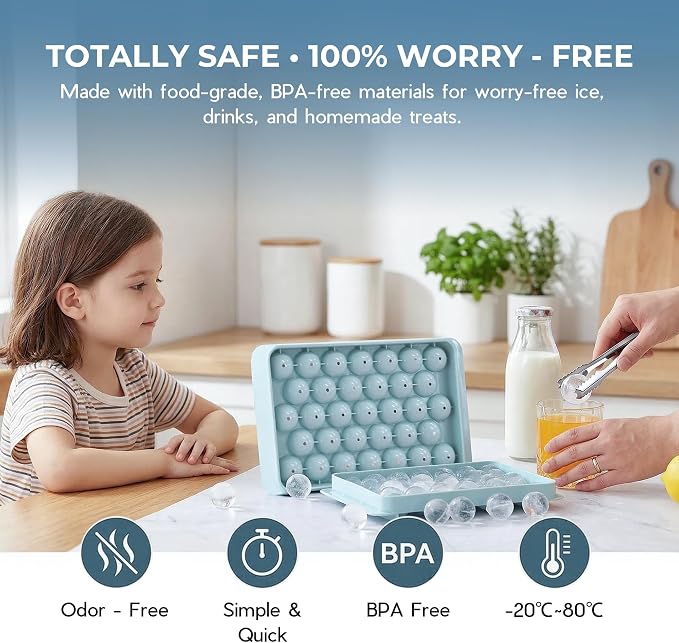 Ice Cube Tray with Lid and Bin, 1" Round Ice Trays for Freezer | 2 Blue Ice Cube Trays with Ice Box & Tong, 1" Round Ice Balls for Iced Coffee & Juice, Easy Twist Release, For Gatherings