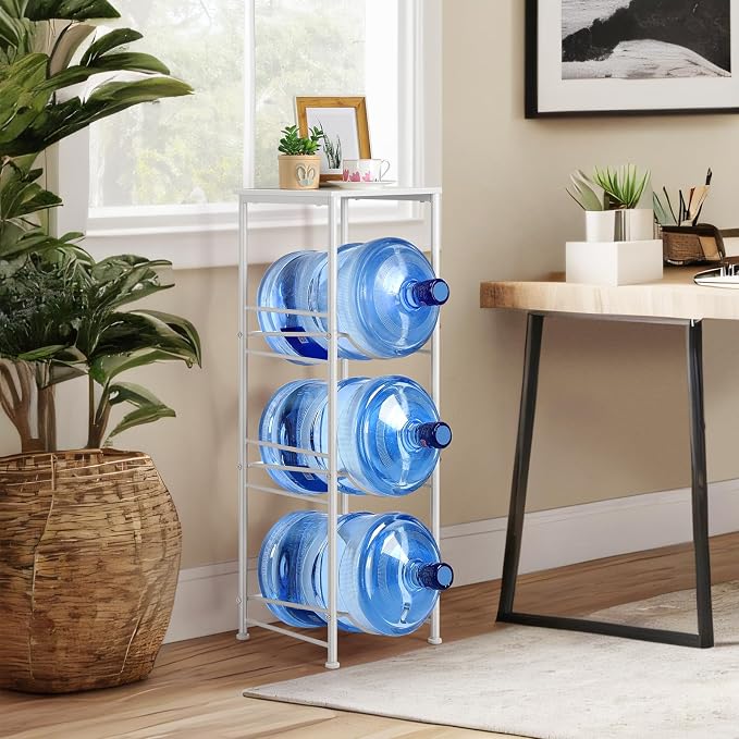 OYEAL 5 Gallon Water Bottle Jug Holder 3-Tier Water Bottle Holder Organizer with Top Shelf, Heavy Duty Water Dispenser Stand Rack for Kitchen Living Room Office, White