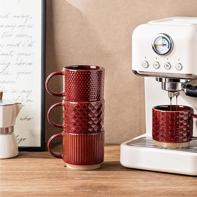 GBhome 15 OZ Stackable Coffee Mugs Set of 4, Ceramic Coffee Cups Set | 4 Assorted Designs, Embossed Mugs with Texture Patterns for Tea/Coffee, Dishwasher&Microwave Safe, Burgundy