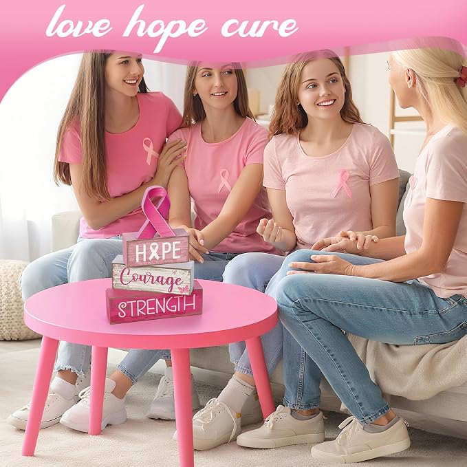 Lineshading 4 Pcs Pink Ribbon Block Signs Wooden Farmhouse Table Decor | Hope Courage Strength Blocks, Rustic Finish for Tiered Tray, Home Shelf Decor, Breast Cancer Awareness Support Gift