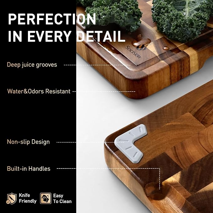 Extra Large End Grain Cutting Board for Kitchen with Non-slip Feet, Acacia Wood Heavy Duty Checkered Cutting Board Handcrafted Luxury Chopping Board for Cheese and Vegetables Housewarming Gift