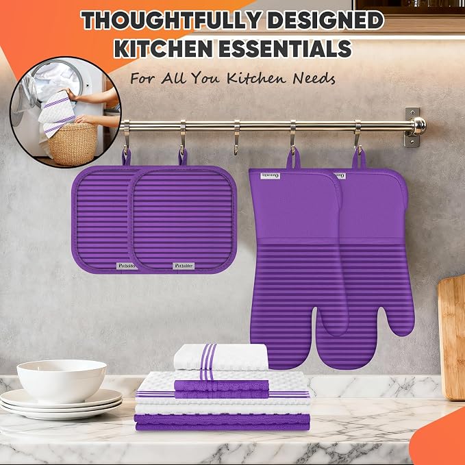Oven Mitts Kitchen Towels and Dishcloths with Pot Holders Sets, Oven Gloves Hot Pads 500°F Heat Resistant with Silicone Grip, Include 2 Cooking Gloves/2 Potholders/4 Kitchen Towels/4 Dish Towels