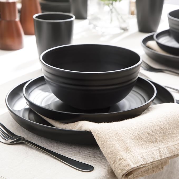 Gibson Home Plates and Bowls Set, 32 Piece Wheat Straw Dinnerware for 8 | Carmel Haze Collection - Dishes, Dishware, Matte Black, Tumblers, Unbreakable, Lightweight, Dishwasher Safe