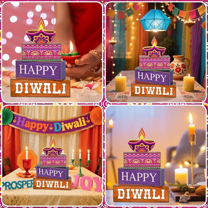 Lineshading 4 Pcs Wooden Diwali Tiered Tray Decor, Block Signs for Home | Rustic Farmhouse Style with Happy Diwali Lamp Design, Stackable Blocks for Tiered Tray, Festival Home Gift Decor