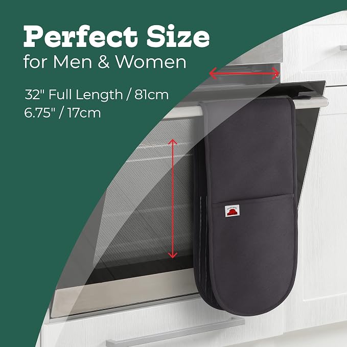 Grey Double Oven Mitt Kitchen Protection, Pack of 1 34x7.5 inches Heat Resistant Cotton, Professional Grade with Terrycloth Lining