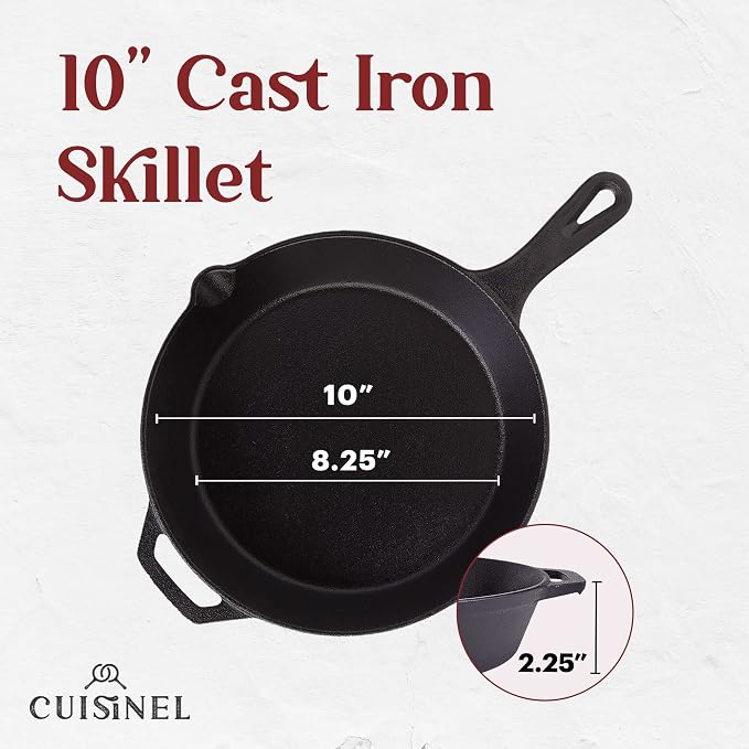Cuisinel Cast Iron Skillet with Lid - 10"-Inch Pre-Seasoned Frying Pan + Glass Cover + Heat-Resistant Handle Holder - Indoor/Outdoor Use - Grill, Stove, Camp Firepit, Induction - Oven Safe Cookware