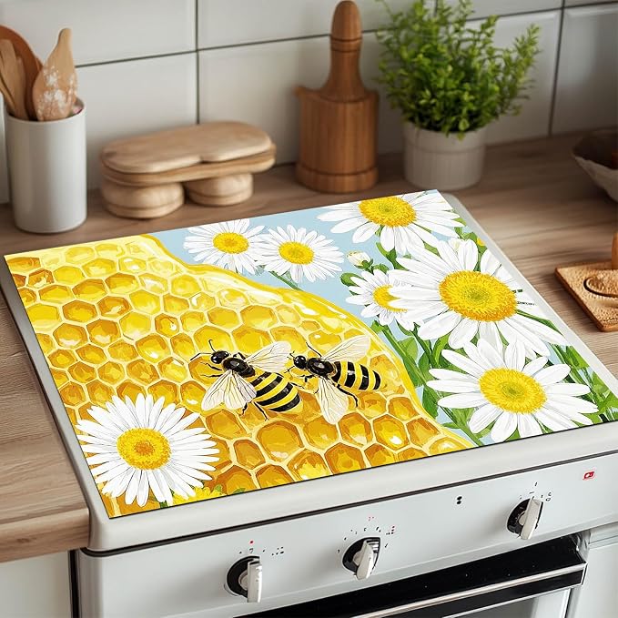 HOMETITUTE Honey Bee Stove Top Cover 28x20 Daisy Honeycomb Mat