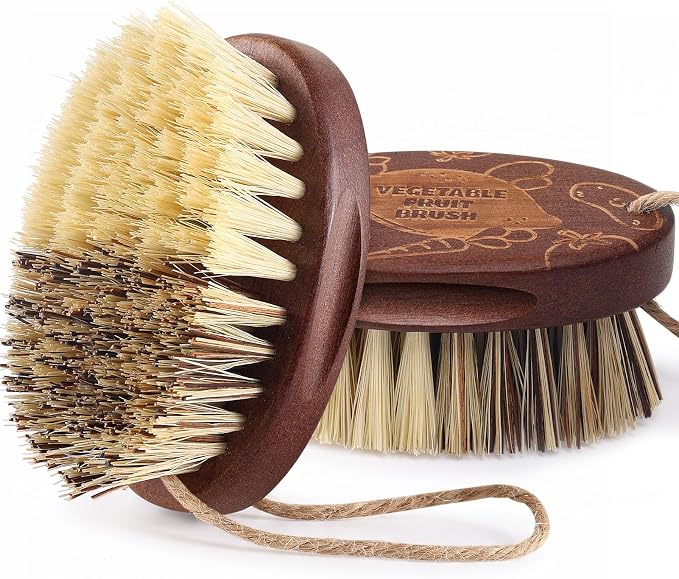 Vegetable and Fruit Cleaning Brush Scrubber Beechwood Handle Fruits Veggie Wash Brushes Potato Carrot Cucumber Mushrooms Washing Cleaner(Beige Brown, 2)