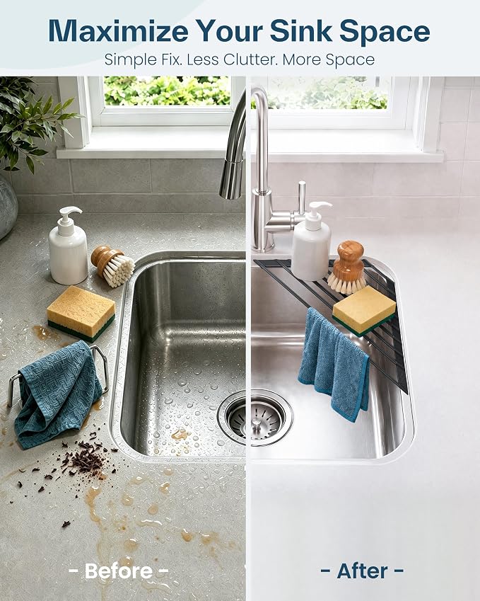 Ohuhu Corner Sink Caddy, Sponge Holder for Kitchen Sink Organizer - Silicone Wrapped Steel Anti Slip Rust Triangle Over the Sink Roll-UP Dish Drying Rack for Sink Corner Kitchen Sink Accessories