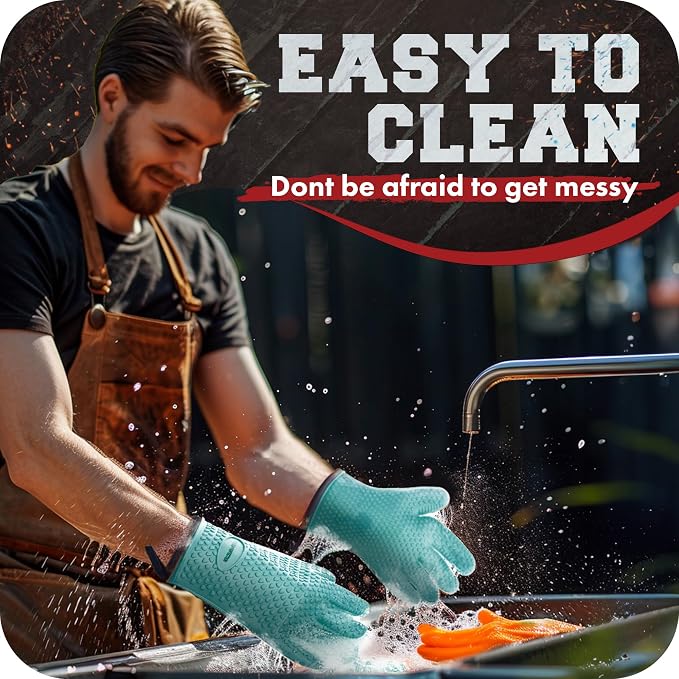 KITCHEN PERFECTION Silicone Smoker BBQ Gloves - Heat Resistant Oven Mitts | Waterproof, 5-Finger Design For A Better Grip, for Pitmasters, Meat Smoking, Grilling, Cooking, Frying Turkey | Grill Gift