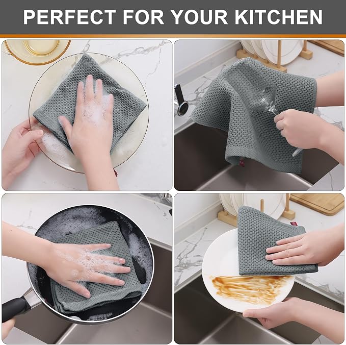 Kitinjoy 100% Cotton Waffle 6-Pack Kitchen Towels, 12" x 12", Grey | Ultra Absorbent, Super Soft, lightweight, Quick Drying Dish Rags for Washing Dishes
