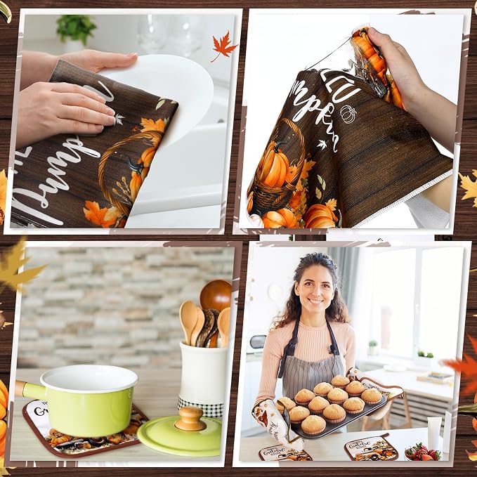 Fourluoo 10 Pcs Fall Pumpkin Kitchen Decor Set for Gift Cooking | Includes 4 Microfiber Towels, 2 Polyester Rugs and Pot Holders, Plus Foam Insulated Oven Mitts for Daily Kitchen Tasks