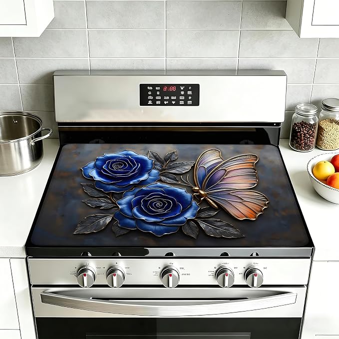Stove Top Covers for Electric Stove,Blue Rose Flower Flat Top Stove Cover,Retro Butterfly Heat Resistant Glass Top Stove Cover Protector Anti-Slip Range Covers, 28 x 20 Inch