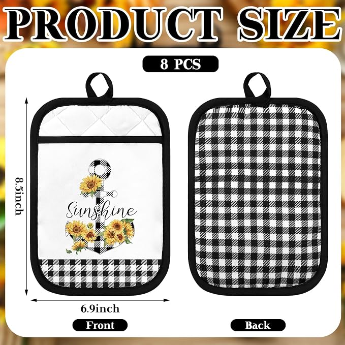 8 Pcs Sunflower Pot Holders with Pocket Buffalo Plaid Potholder Farmhouse Kitchen Heat Resistant Potholders Sunflower Hot Pad Oven Mitt Cookie Bag Oven Glove for Kitchen Decoration Baking Cooking Gift