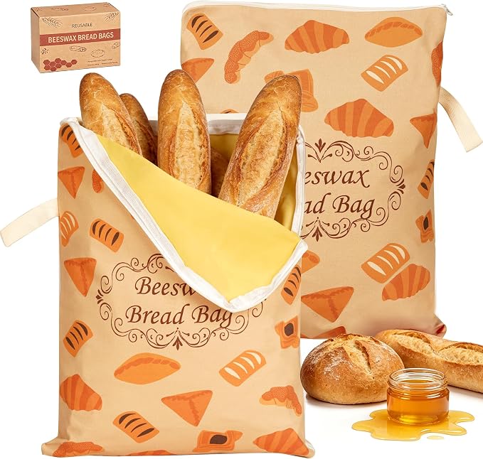 2 Pack Reusable Cotton Sourdough Beeswax Bread Bags with Wide Zipper, Brown | XL(13.3x16.9in) Portable Bread Storage with Handle, Washable, Keep Fresh, Fit Homemade Sourdough Bread, Ideal for Gift-Giving