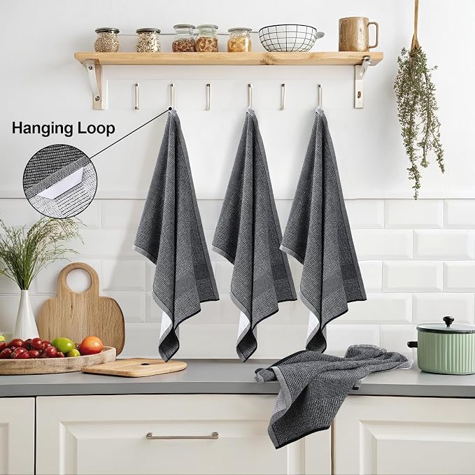 Mordimy Premium Large Cotton Kitchen Towels (18"x 28", 3 Pack), Black | 100% Ring Spun Cotton, Super Absorbent, 380 GSM, Flat & Terry, Soft, Hanging Loop Dish Towels