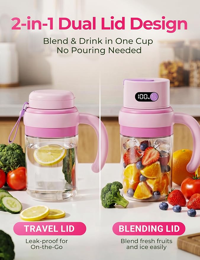 Portable Juicer Blender Cup, USB-C Rechargeable, Pink | LED display, cordless use and dual lids for fruit drinks, protein shakes and small ice cubes; 500ml max blending.