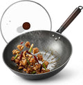 13 Inch Carbon Steel Wok with Lid, Large Flat Bottom Woks & Stir-Fry Pan | Large Chinese Wok Pan, 6.45QT, Nitrided Carbon Steel, No Chemical Coating, For All Stoves