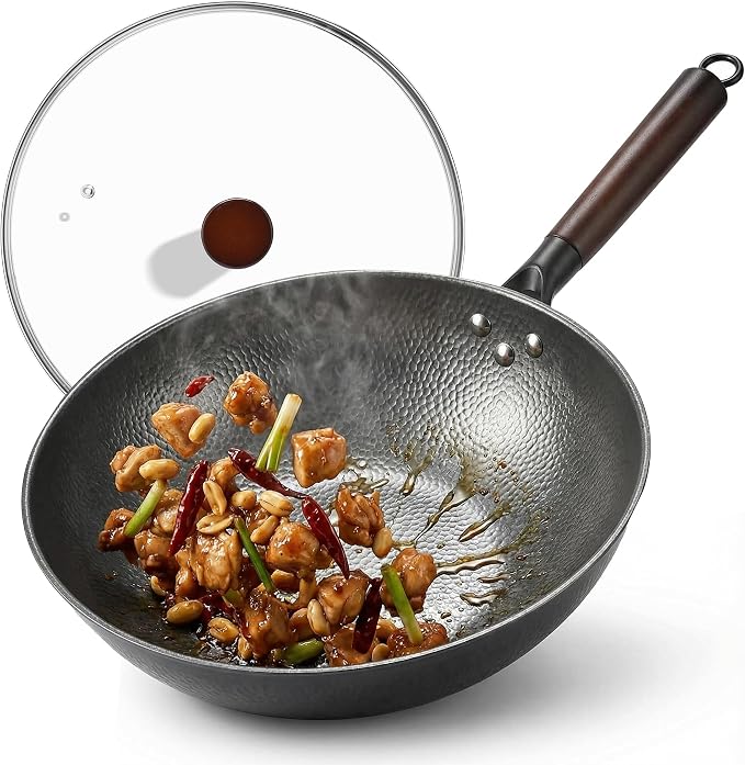 13 Inch Carbon Steel Wok with Lid, Large Flat Bottom Woks & Stir-Fry Pan | Large Chinese Wok Pan, 6.45QT, Nitrided Carbon Steel, No Chemical Coating, For All Stoves