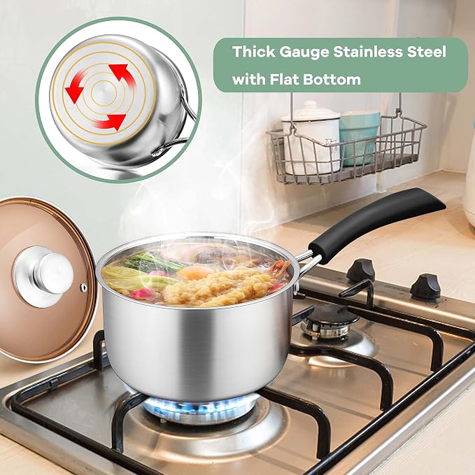 Herogo 1 Quart Saucepan with Lid, 18/10 Stainless Steel Small Sauce Pan Pot, 1Qt Saucepan for Gas Electric Stove Top Camping, Healthy & Rust Free