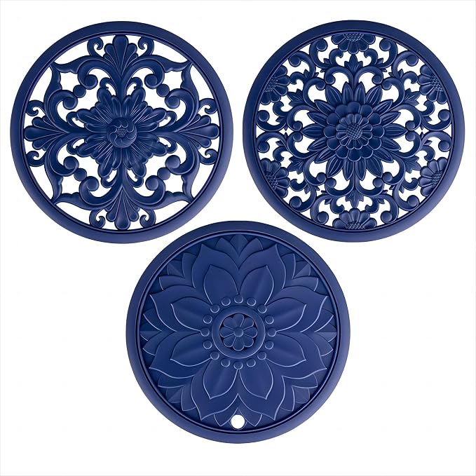 Silicone Trivets - Silicon Mats for Hot Pots and Pans, Multi-Use Carved Hot Pads, Flexible Modern Kitchen Table Mat, Heat Resistant Round Teapot Coaster Set of 3 Blue