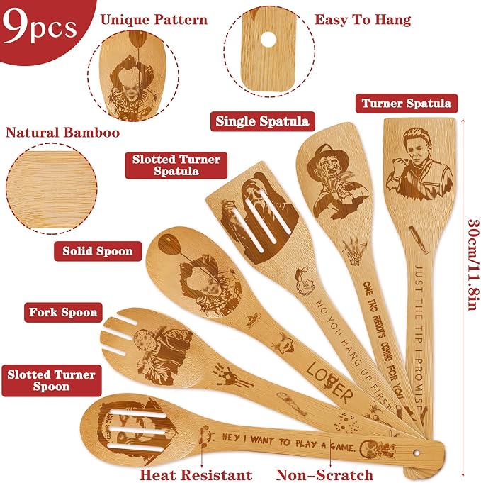 Horror Merch,9Pcs Bamboo Cooking Utensils Set,Spoons with Apron Oven Mitts Pot Holder,Halloween Horror Gifts for Men Women,Horror Decor,Horror Collectibles,Spooky Kitchen Accessories