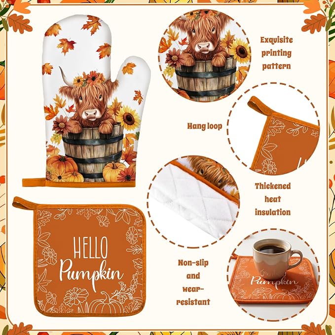 Fourluoo 10 Pcs Fall Highland Cow Kitchen Decor Set | Rugs Towels Oven Mitts and Pot Holders Set, Fall Farmhouse Kitchen Decor Set, for Cooking Baking Grilling Gift