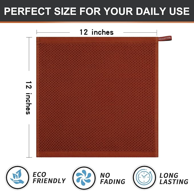 Kitinjoy 100% Cotton Waffle 8-Pack Kitchen Towels, 12" x 12", Rust | Ultra Absorbent, Super Soft, lightweight, Quick Drying Dish Rags for Washing Dishes