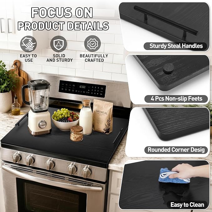 Noodle Board Stove Cover with Handles, Stove Top Covers for Gas Burners and Electric Stove, Wood Stove Cover Board Decorative Serving Tray Kitchen Sink Cover (Black)