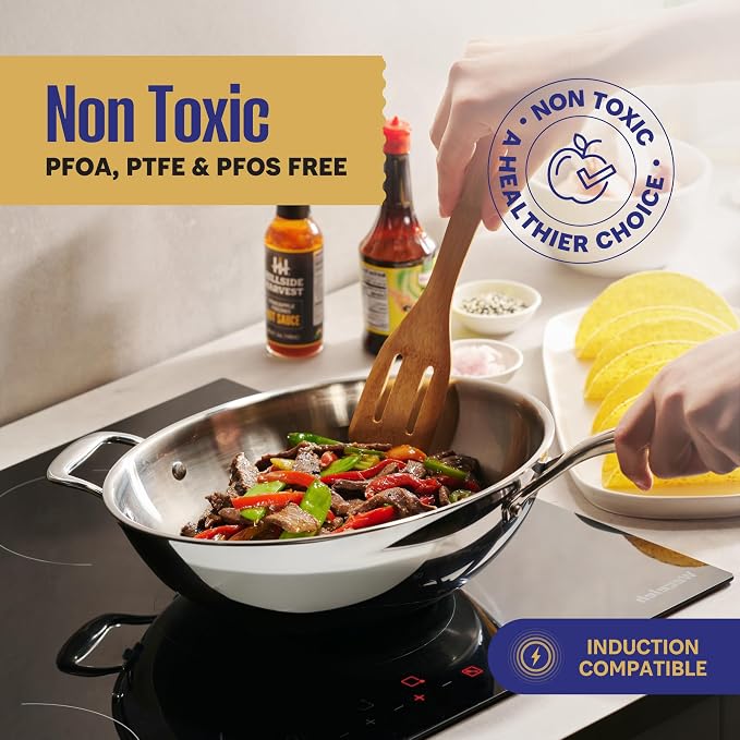 LEGEND COOKWARE 5-Ply Stainless Steel Wok Set, 12-Inch 5-Quart with Lid and Steamer - Induction Compatible, Oven Safe 800°F - Non-Toxic, No Coatings - Even Heating - Built to Last Generations