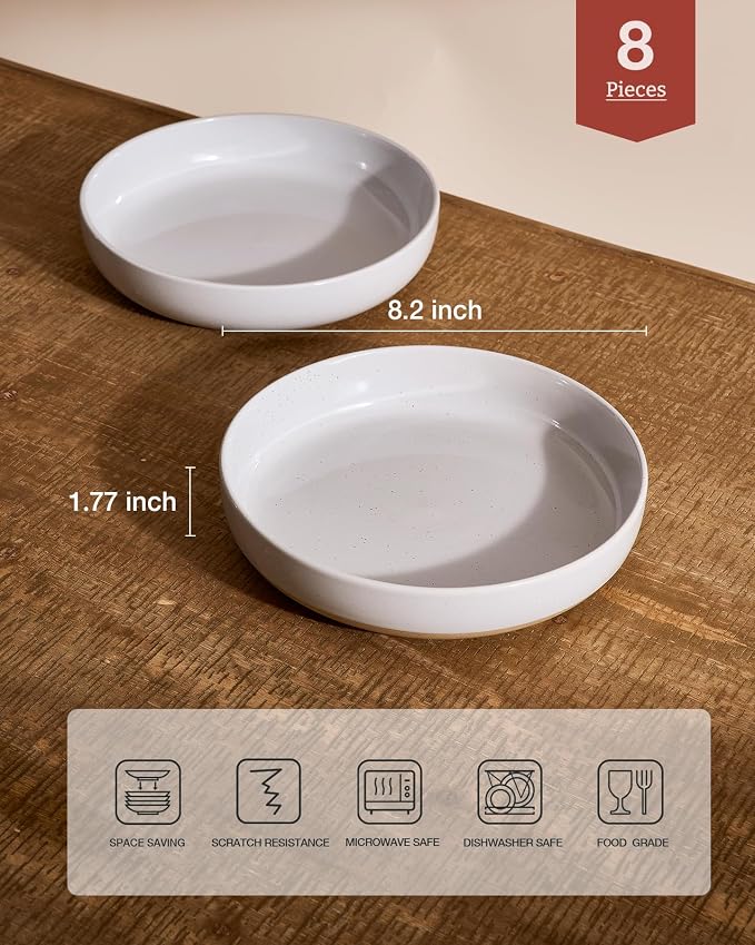 famiware Milkyway 33 oz Pasta Bowls Set of 8, Light Gray | Scratch-Resistant Stoneware Salad Bowls, Stackable, Dishwasher & Microwave Safe, Lead-Fre