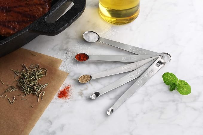 New Star Foodservice 42924 Stainless Steel Mini Measuring Spoons Set, 5-Piece Small Metal Measuring Spoon Set for Spices, Baking, Cooking, Dash, Pinch, Smidgen, Drop, Tad, Silver