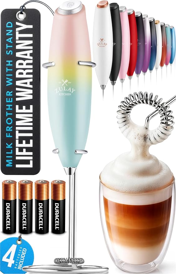 Zulay Kitchen Powerful Milk Frother Wand With Duracell Batteries - Ultra Fast Handheld Drink Mixer - Electric Whisk Foam Maker for Coffee, Lattes, Cappuccino & Matcha - Z1 Motor - Sunrise