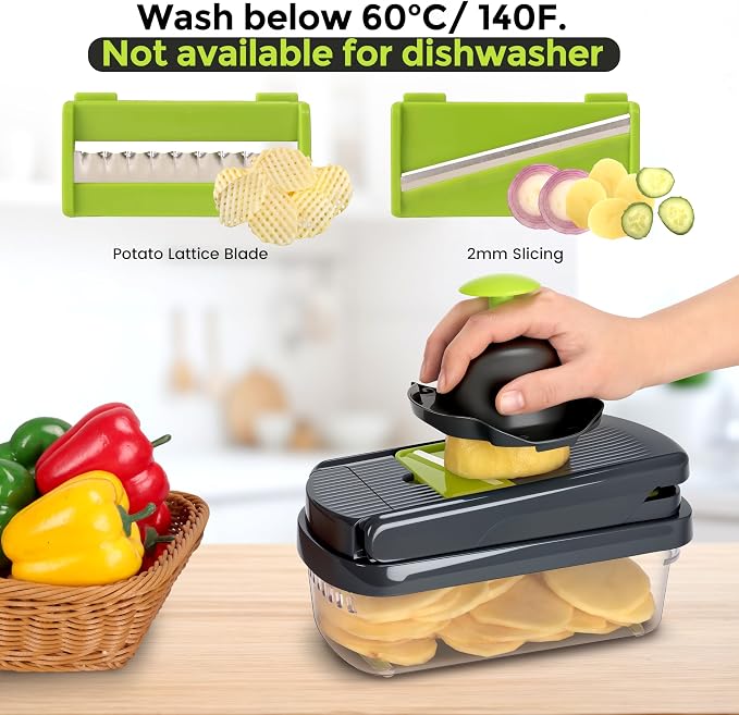 Yusshn Vegetable Chopper, 12-in-1 Food Veggie Chopper Cutter with Container | 7 Sharp Blades Dice, Slice, Shred and Grate for Salads, Onions and Meal Prep, with a Non-Slip Base and Drain Basket