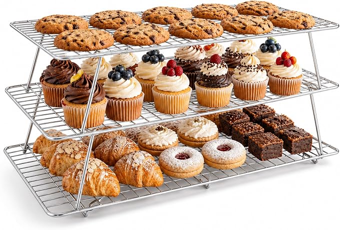 Cooling Rack 16"x10", 3-Tier Stackable & Collapsible Cooling Racks | Cooling Racks for Cooking and Baking, Roasting, Grilling, Oven & Dishwasher Safe (Silver, 3-Tier-SL)