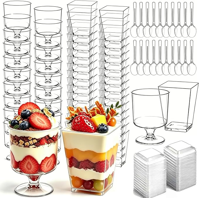 430-Pack 5oz Disposable Clear Dessert Cups with Lids and Spoons | Parfait Cups, Mini Shooter Cups, Square Appetizer Cups, For Party Ice Cream Yogurt Pudding