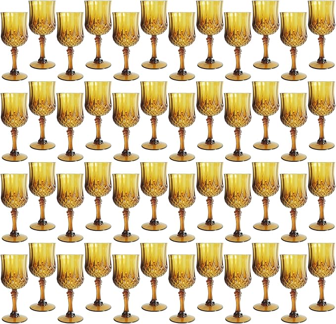 48Pack Plastic Wine Glasses, 7oz Vintage Goblets for Wedding | Unbreakable Crystal Style Reusable Stemware, Elegant Amber Drinking Glass for Party Anniversary & Holiday Celebration