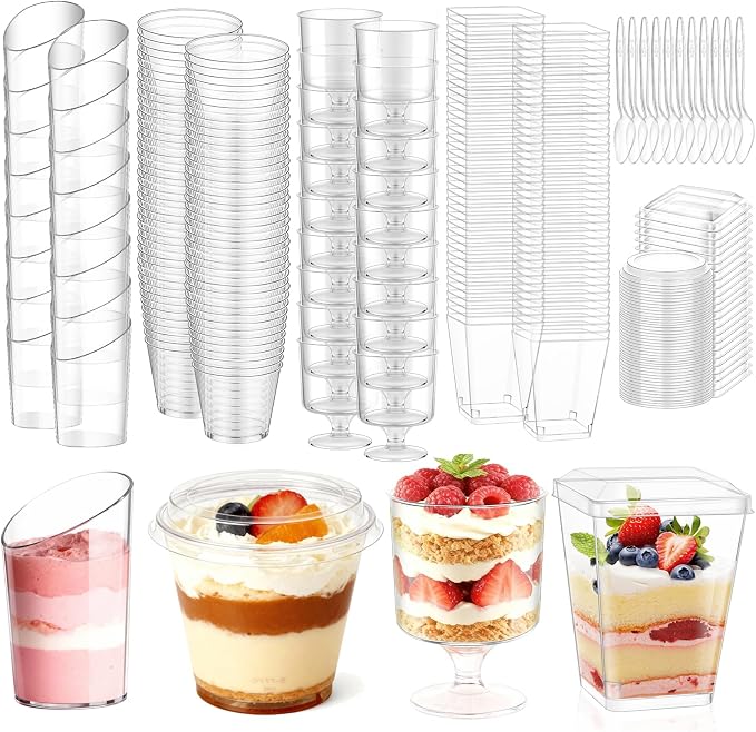 mwellewm 400 Pcs Dessert Cups with Lids and Spoons, 5 OZ Parfait Cups 3 OZ Plastic Desert Cups Clear Mini Shooter Cups for Party Reusable Small Appetizer Serving Fruit Cup Ice Cream Cake Pudding