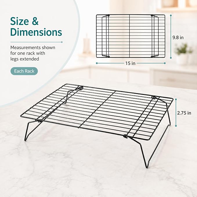 Kingrol 6-Piece Stackable Cooling Racks for Baking, Two 3-Tier Sets | Nonstick-Coated Steel, Foldable Legs, Stacked or Separate Use, Ideal for Cookies, Cupcakes, Pastries, Pies, and Cake Layers