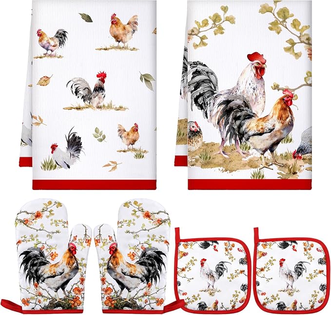 Bencailor 6 Pcs Rooster Kitchen Towels Pot Holders and Oven Mitts Set Soft Cotton Linen Dish Towel Heat Resistant Oven Mitts for Summer Kitchen Decor Cooking Baking Grilling