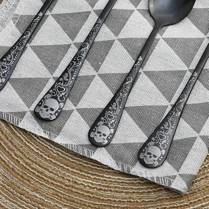 Skull Black Silverware Set for 4, 20-Piece Black Flatware Set, Gothic Skeleton Cutlery for Decoration, Halloween, Christmas, Party, Gift, Housewarming