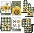 Leinuosen 8 Pcs Sunflower Green and White Checkered Kitchen Towels and Dishcloths Sets Pot Holders and Oven Mitts Sets Absorbent Kitchen Gloves Potholders Heat Resistant for Chef Baking Cooking