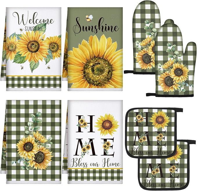 Leinuosen 8 Pcs Sunflower Green and White Checkered Kitchen Towels and Dishcloths Sets Pot Holders and Oven Mitts Sets Absorbent Kitchen Gloves Potholders Heat Resistant for Chef Baking Cooking