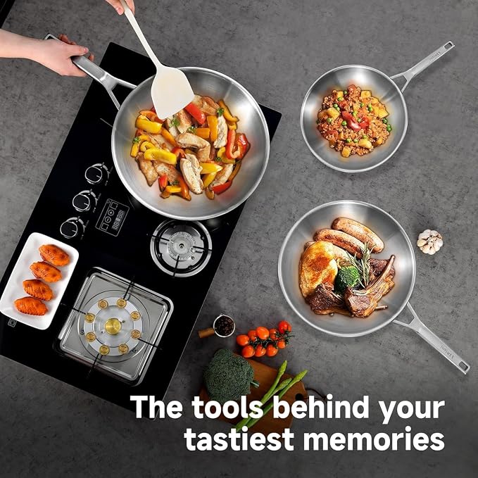 Inqibee 12 Inch Stainless Steel Wok Pan with Lid, Detachable Handle | Uncoated Tri-Ply Stainless Steel Stir Fry Pan, Everyday Cooking Wok for Induction, Flat Bottom, Dishwasher & Oven Safe