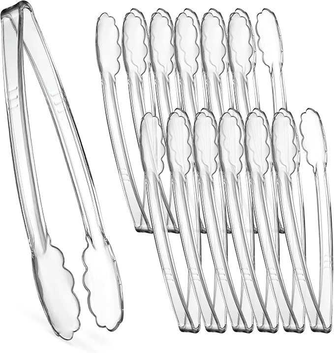 [Clear Tongs 12'' Inches] Plasticpro 12'' Serving Tongs Heavy Duty Reusable Kitchen and BBQ Clear Serving Tongs for party's, Caterings, Events, Buffet, Weddings, And every Day use Pack of 12