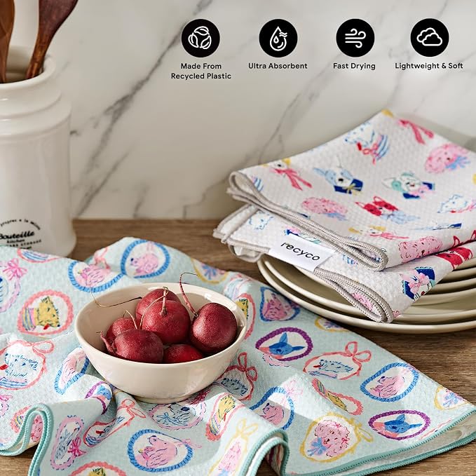 RECYCO Waffle Kitchen Towel Set of 2 - Quick Dry Microfiber Sustainable Dish Towels - Ultra Absorbent Reusable Cleaning Tea Towels - Lightweight Hand Towels,16”x 28”, Puppy Joy