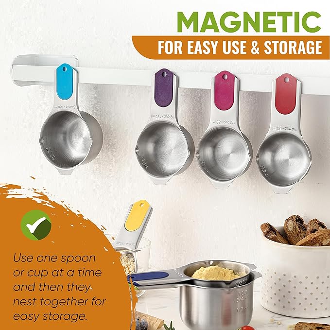 Spring Chef 15 Magnetic Measuring Cups & Spoons Set, Patented, Multicolor | Stackable Stainless Steel Measuring Cups & Heavy Duty Metal Measuring Spoons with Levelers for Dry & Liquid Ingredients