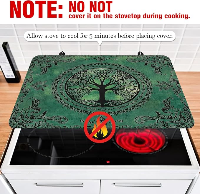 Tree of Life Stove Top Cover for Electric Stoves,Boho Bohemian Mandala Green Nature Stove Top Cover for Kitchen Decor,Heat Resistant Cooktop Protector Mat,Non-Slip Washable Dish Drying Mat 28"x20"